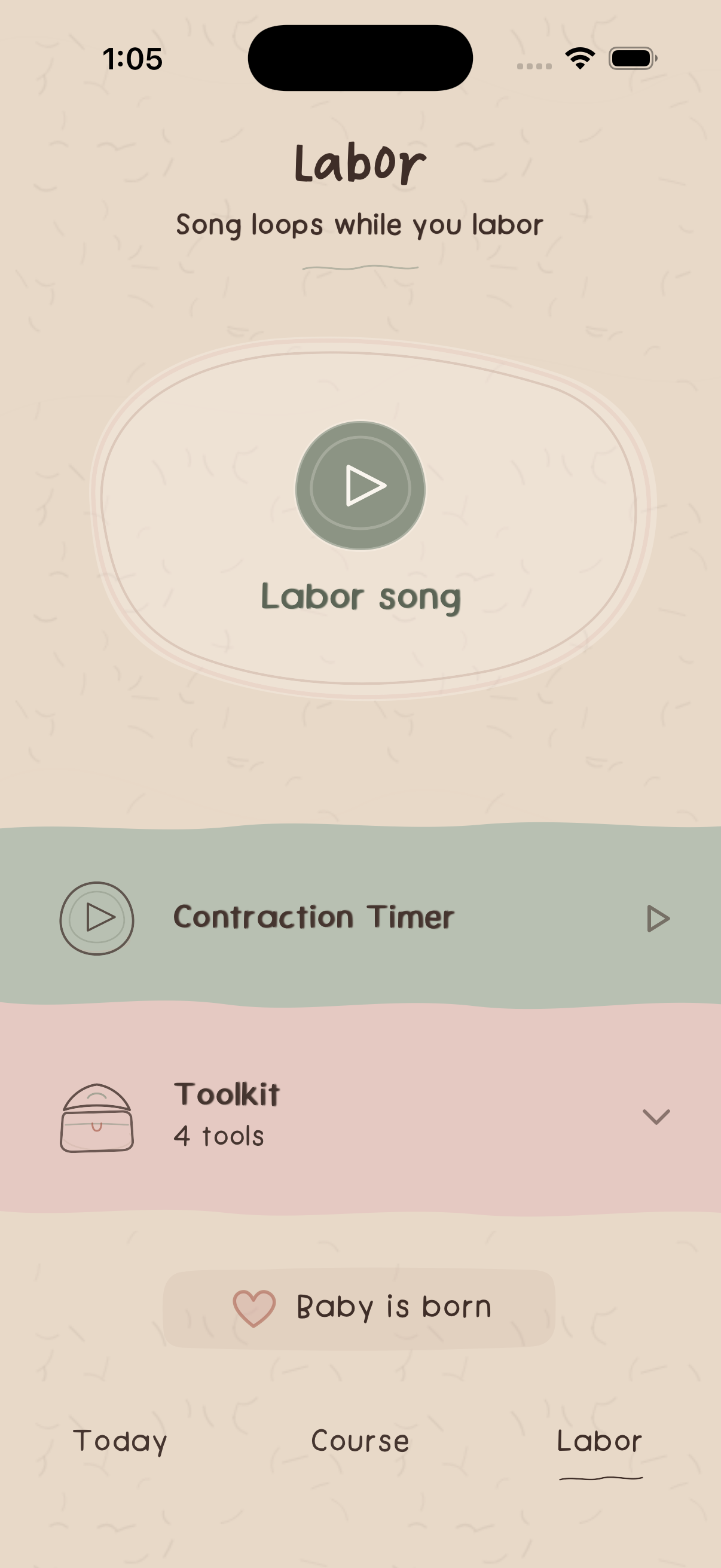 Knitted Labor screen with song, contraction timer, and toolkit