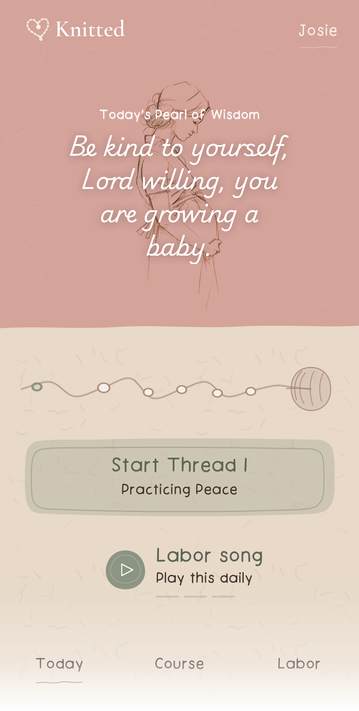 Knitted Today screen with a pearl of wisdom and Start Thread 1